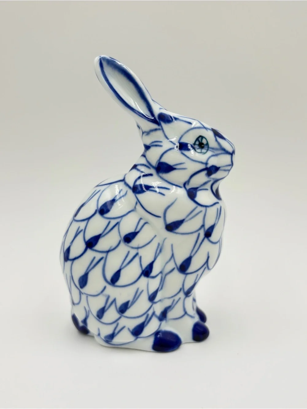 Andrea by Sadek Vintage Blue and White Fishnet Porcelain Bunny Rabbit Figurine